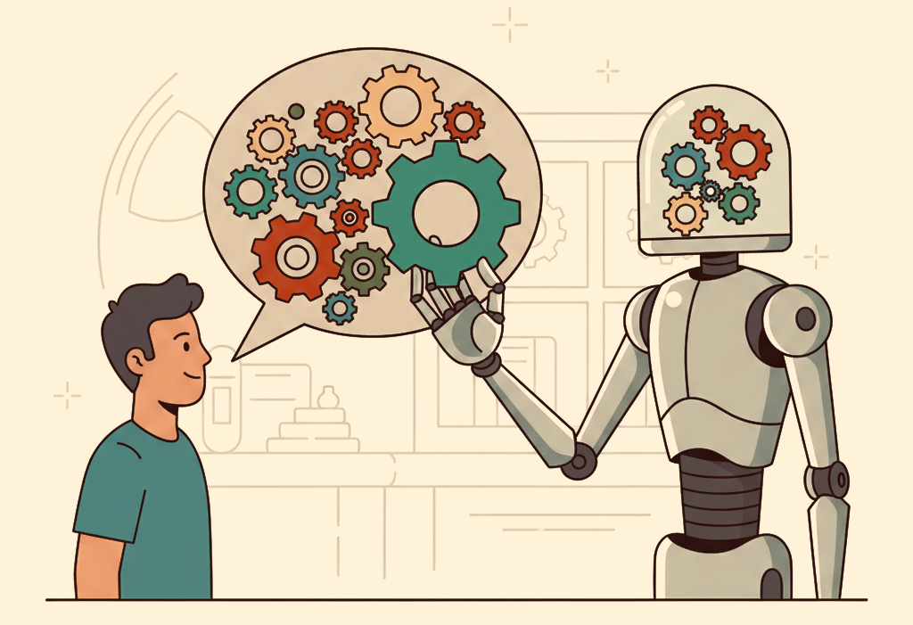 A person is speaking, indicated by a speech balloon full of colorful sprockets. A robot, with a head full of colorful sprockets, has grabbed one of the spoken sprockets.